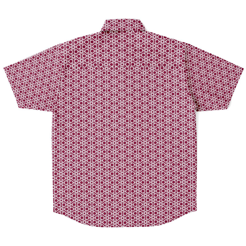 Blood Red Geometric Floral Print Men's Short Sleeve Button Down Shirt - kayzers