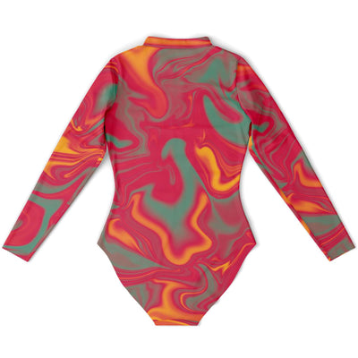 Red Mint Sunset Liquid Holographic Iridescence Cloud Women's Zipper Bodysuit - kayzers