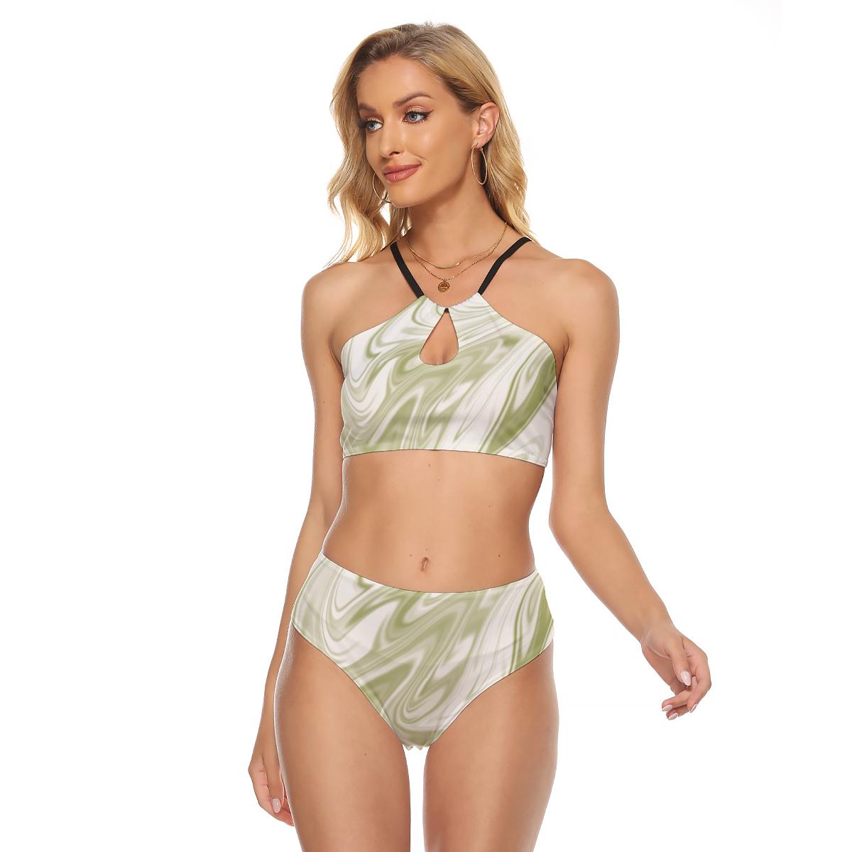 Ivory Green Print Women's Cami Swimsuit, Ivory Color Swimsuit, Ivory Liquid Paint Waves Swimsuit
