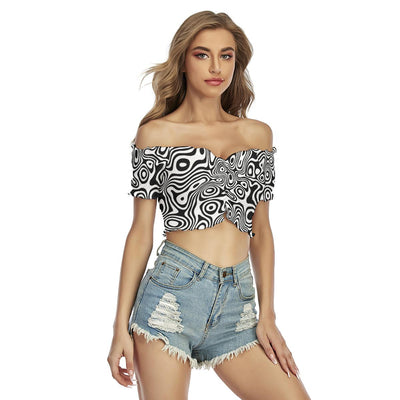 Black And White Geometric Abstract Groovy Print Women's Off-Shoulder Blouse