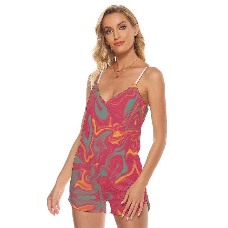 Red Smoke Liquid Abstract Sunset Paint Yellow Ombre Iridescence Print Women's V-neck Cami Romper