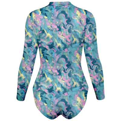 Glitter Iridescence Liquid Watercolor Hand drawn Paint Abstract Art Print Long Sleeve Bodysuit With UV Protection - kayzers