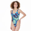 Blue Purple Liquid Abstract Paint Waves Psychedelic Print Women's High Cut One-piece Swimsuit