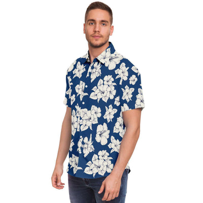 White Hibiscus Flowers Print Floral Tropical Men's Button Down Shirt, Hawaiian Beach Shirt - kayzers