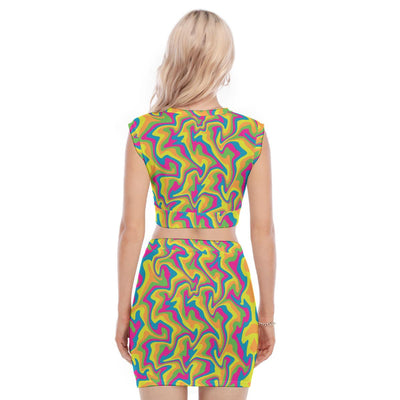 Liquid Colorful Paint Swirls Summer Psychedelic Print Women's Collarless V Collar Vest Skirt Suit