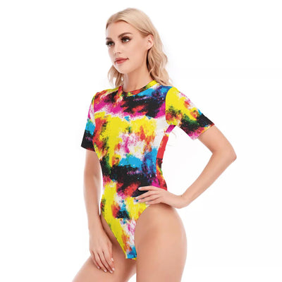Colorful Abstract Paint Print Women's O-neck Short Sleeve Bodysuit
