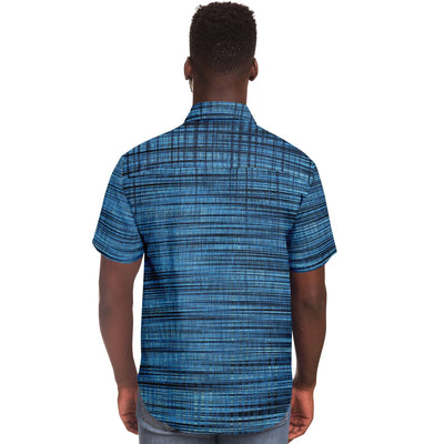 Abstract Plaid Geometric Grungy Lines Blue Black Shades Faded Fine Art Print Designer Men's Button Down Shirt - kayzers