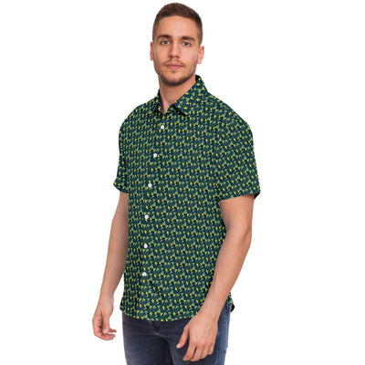 Black Green Yellow Floral Print Men's Short Sleeve Button Down Shirt - kayzers
