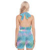Pink Blue Mermaid Scales Glitter Print Women's Cross Collar Jumpsuit