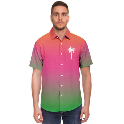 Orange Pink Green Ombre Tropical Colors Iridescence Palm Tree Logo Men's Button Down Shirt - kayzers