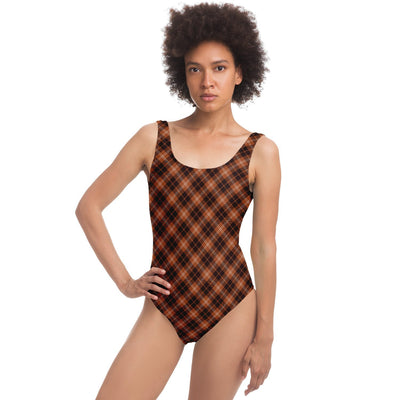Black Brown Checks Plaid Pattern Women's One Piece Swimsuit - kayzers