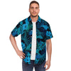 Blue Neon Tropical Print Beach Floral Hibiscus Palm Leaves Men's Matching Shirt And Shorts Set, Matching Beach Hawaiian Sets - kayzers
