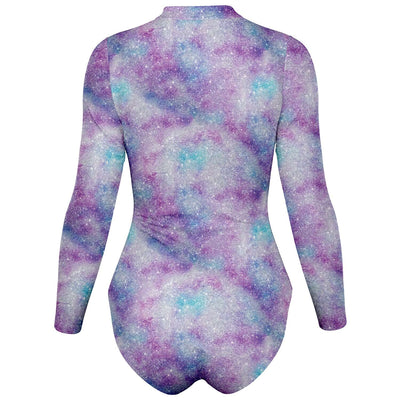 White Blue Purple Glittery Glitter Galactic Galaxy Mess Abstract Long Sleeve Bodysuit With Uv Protection - kayzers