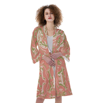 Coral Pink Camo Camouflage Print Abstract Liquid Women's Satin Kimono Robe