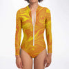 Golden Liquid Paint Swirls Psychedelic Waves Women's Zipper UV Protection Bodysuit - kayzers