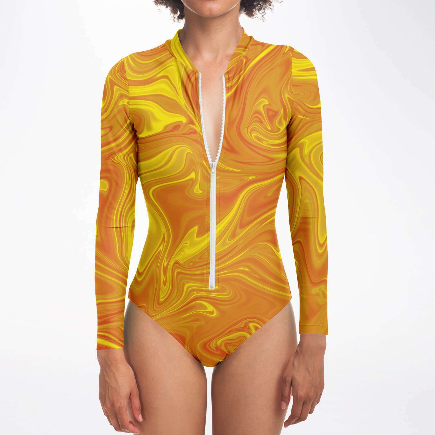 Golden Liquid Paint Swirls Psychedelic Waves Women's Zipper UV Protection Bodysuit - kayzers