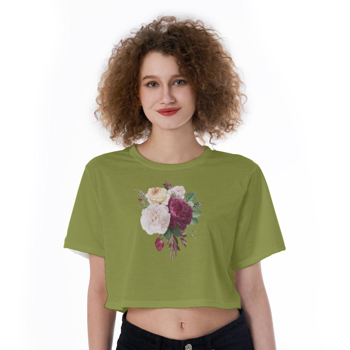 Dark Green Floral Crop Top, Dark Green Floral Crop Tee, Dark Green Floral Crop T-shirt
