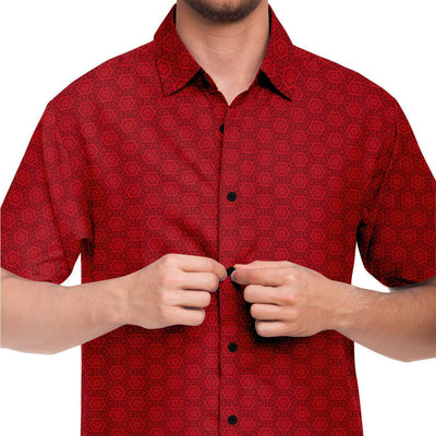 Scarlet Red Floral Geometry Men's Short Sleeve Button Down Shirt - kayzers