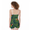 Tropical Macaw Birds Palm Leaves Floral Print Jumpsuit Romper Women's Suspender Shorts