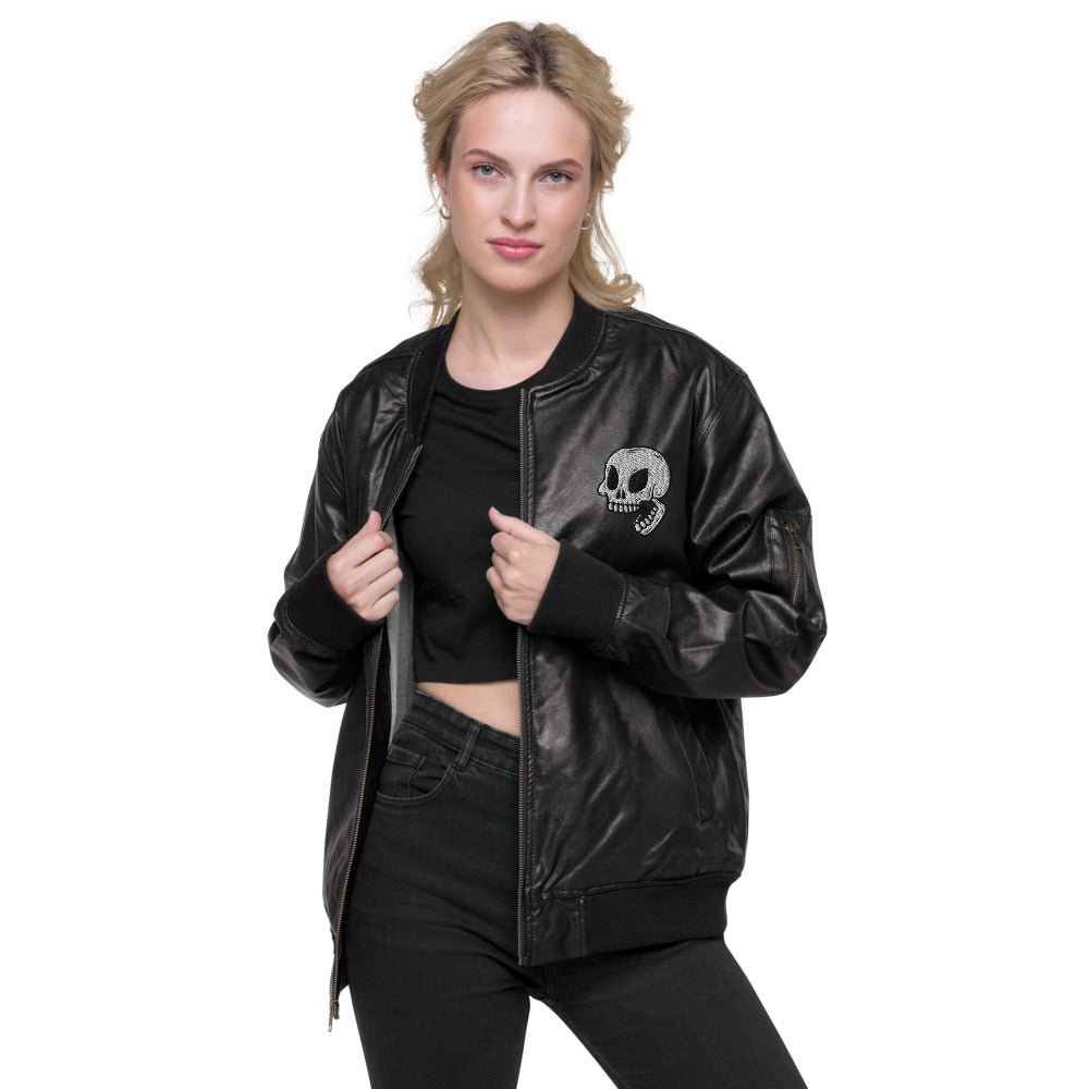 Skull Embroidered Faux Leather Bomber Jacket