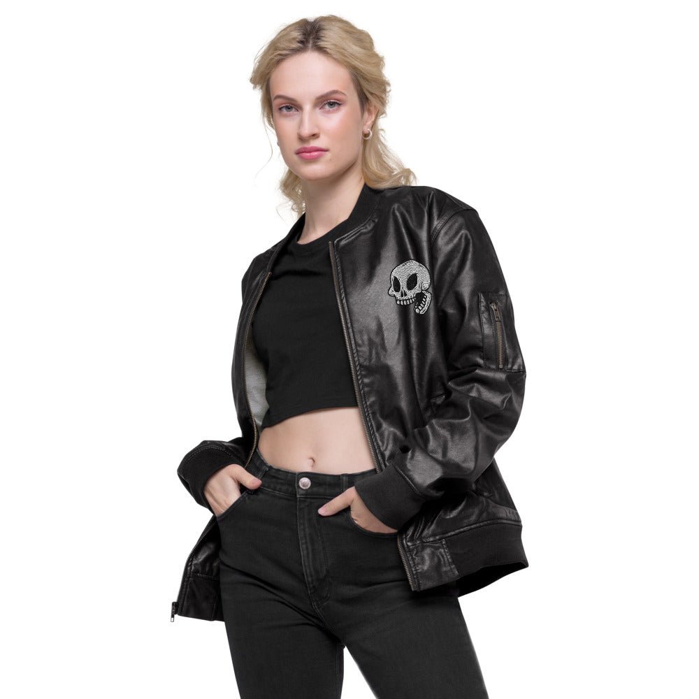 Skull Embroidered Faux Leather Bomber Jacket