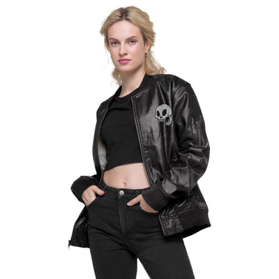 Skull Embroidered Faux Leather Bomber Jacket - kayzers