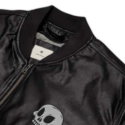 Skull Embroidered Faux Leather Bomber Jacket - kayzers
