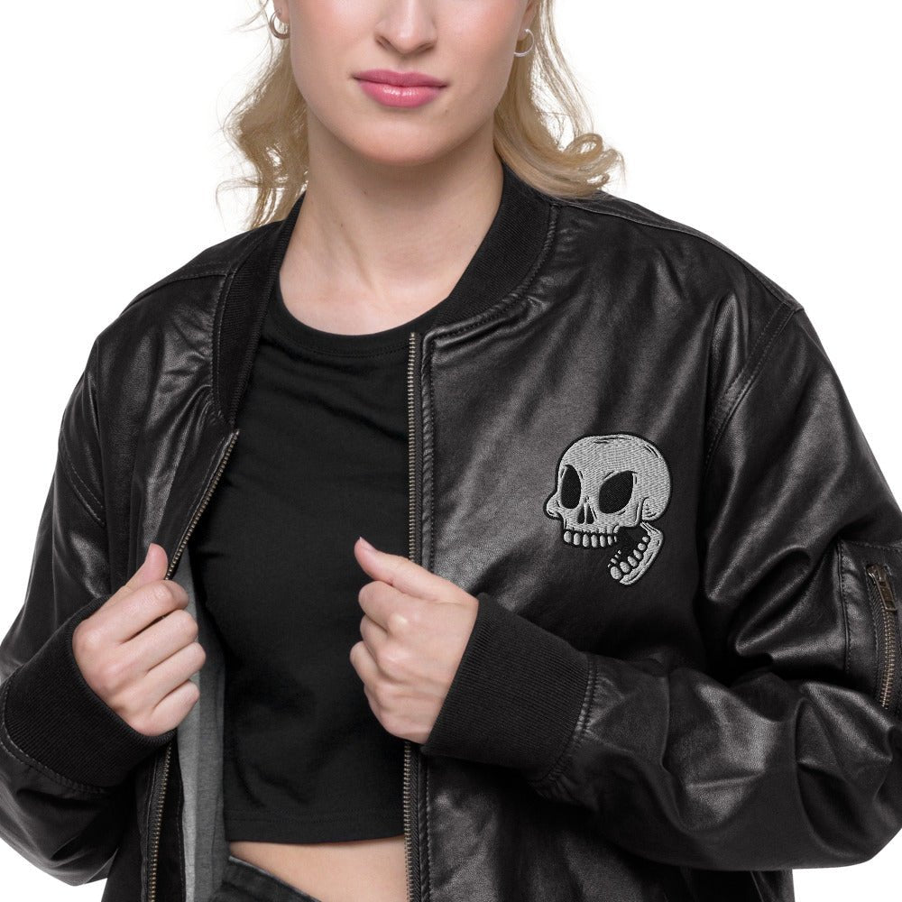 Skull Embroidered Faux Leather Bomber Jacket | kayzers