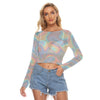 Ombre Iridescence Holographic Long Sleeves Mesh Top, Blue Pink Women's Mesh Long Sleeves T-shirt