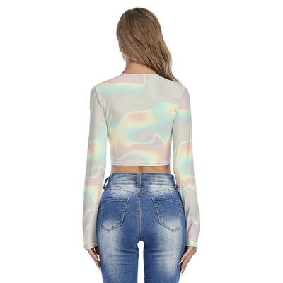 Ombre Iridescence Holographic Long Sleeves Crop Top, Ivory Pink Women's Round Neck Crop Top T-Shirt