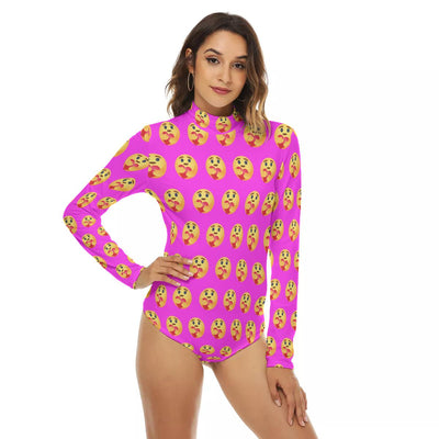 Pink In Love Emoji Print Women's Turtleneck Long Sleeve Bodysuit, Care Emoji Bodysuit