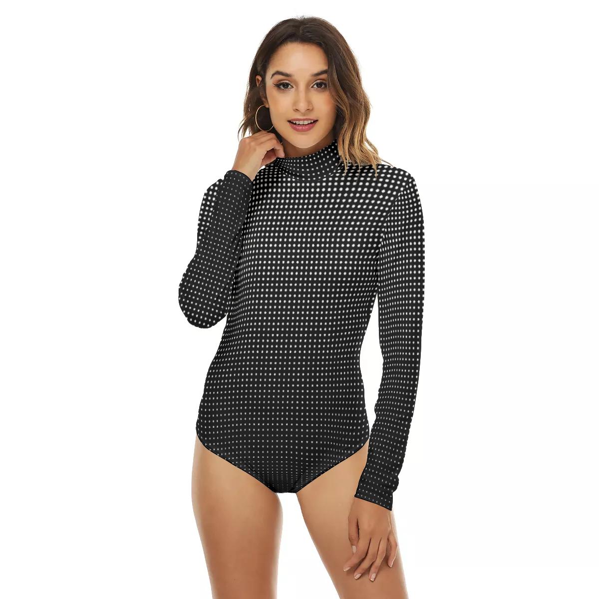 Halftone Polka Dots Print Women's Turtleneck Long Sleeve Bodysuit